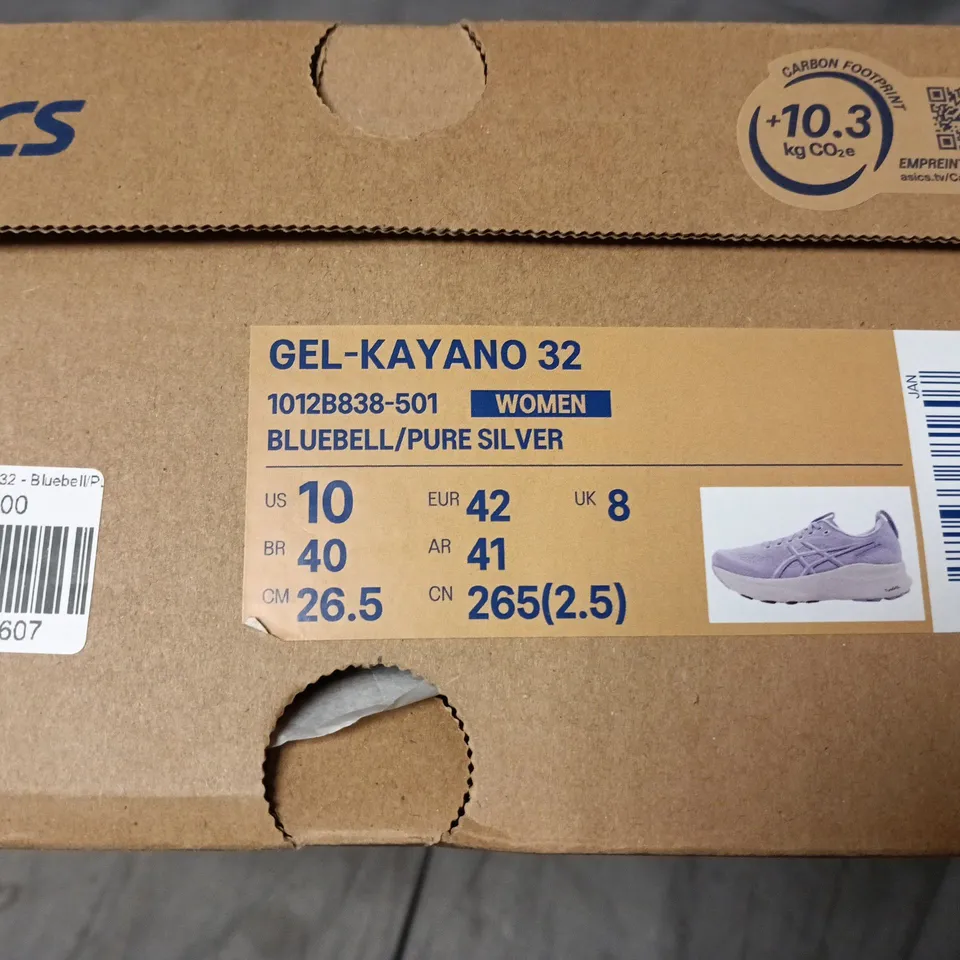 BOXED ASICS GEL-KAYANO 32 WOMEN’S RUNNING SHOES – BLUEBELL/PURE SILVER – UK 8