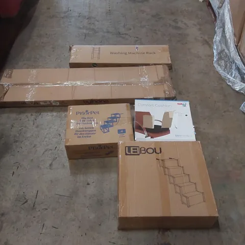 PALLET OF ASSORTED ITEMS INCLUDING: PET STAIRS, IRONING BOARD, COMFORT CUSHION, WASHING MACHINE RACK ECT