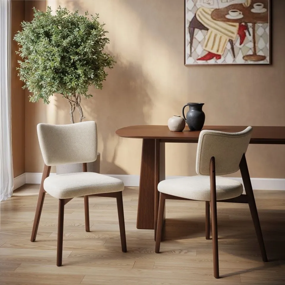 BOXED SET OF 2 BEIGE UPHOLSTERED DINING CHAIRS WITH WALNUT LEGS - GRETA