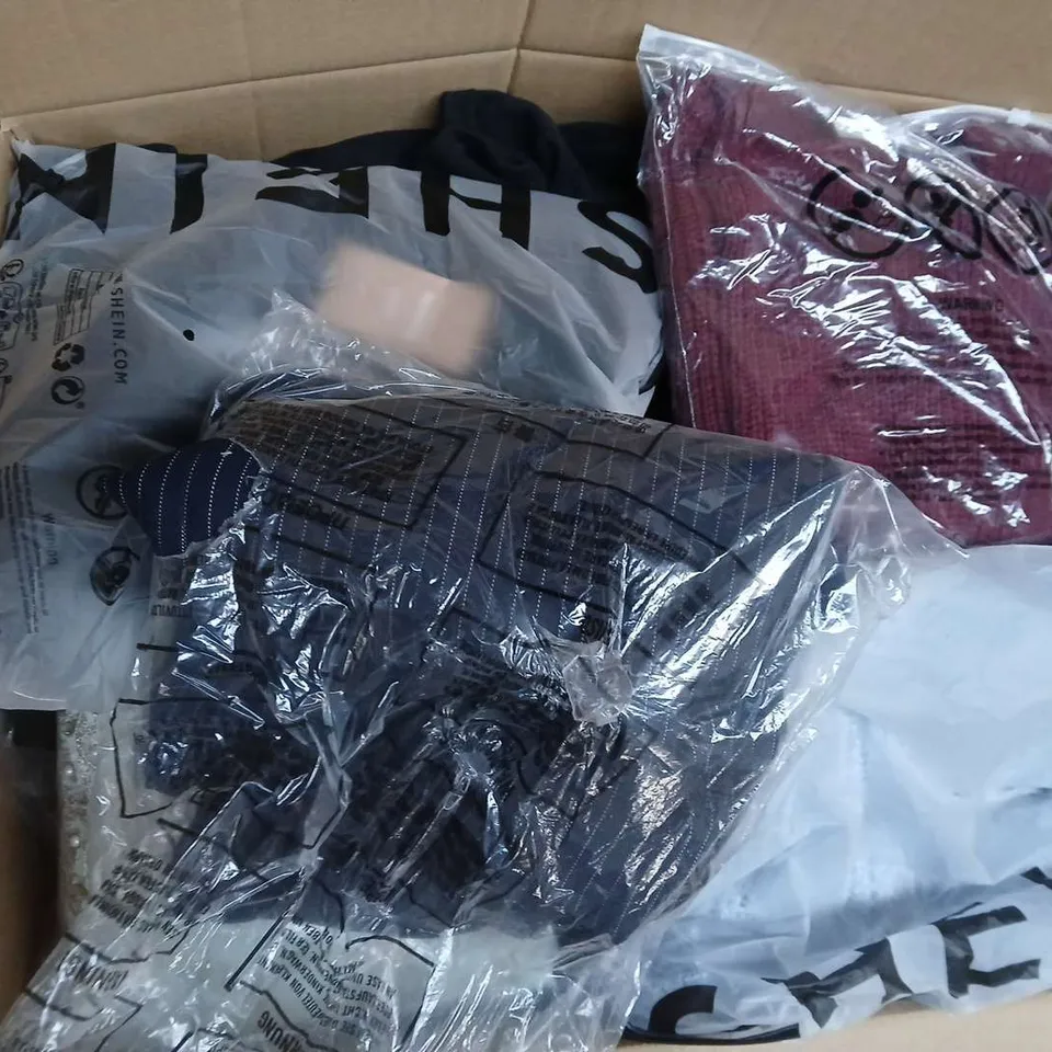 LARGE BOX OF ASSORTED CLOTHING ITEMS IN VARIOUS SIZES, STYLES AND COLOUR 