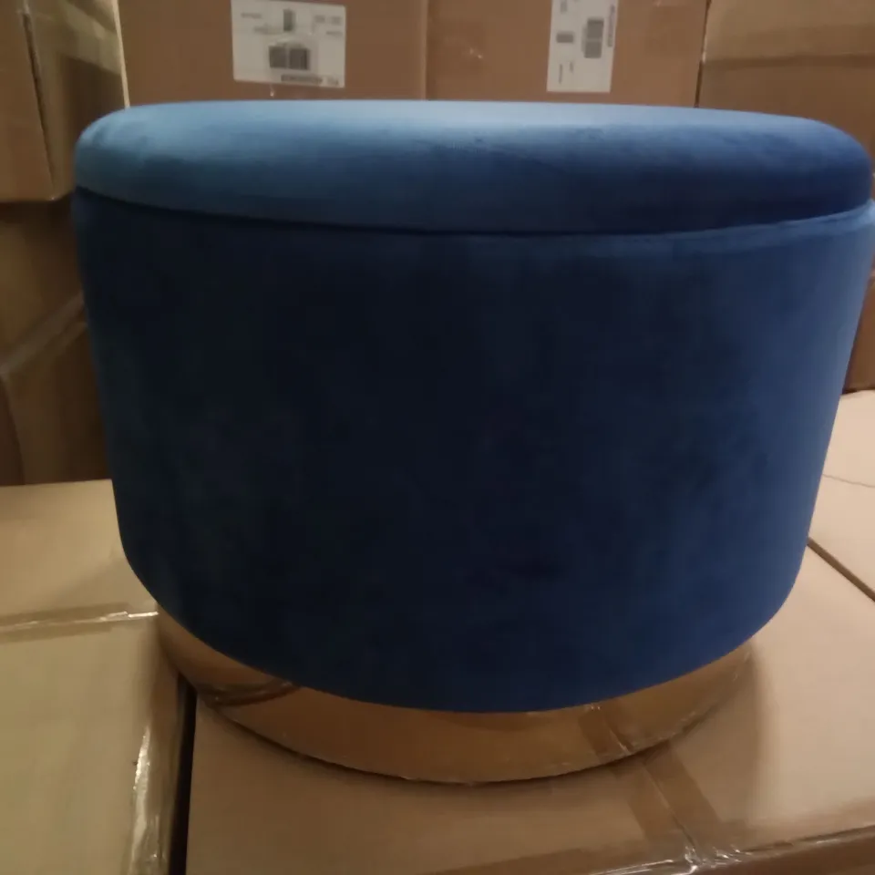 BRAND NEW BOXED ALISON AT HOME EVERYDAY ELEGANCE ALISON CORK ROUND BLUE VELVET STORAGE OTTOMAN WITH GOLD EFFECT BASE