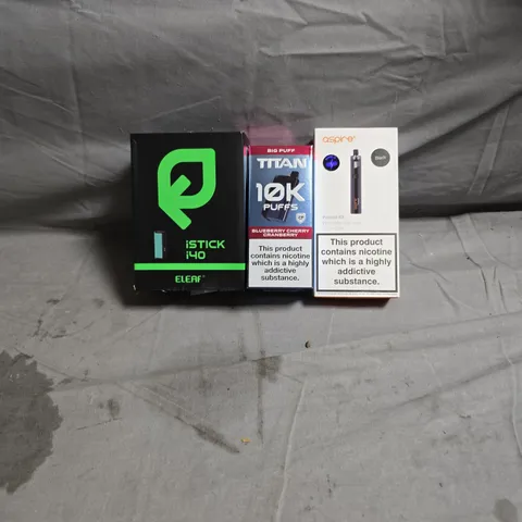 LOT OF APPROXIMATELY 15 ASSORTED VAPING ITEMS TO INCLUDE ASPIRE/TITAN/ISTICK I40