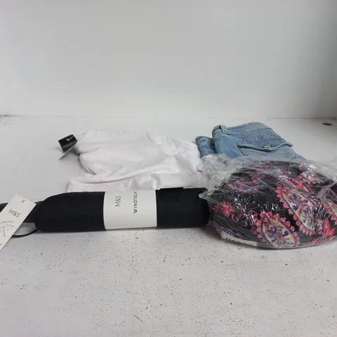BOX OF APPROXIMATELY 30 ASSORTED CLOTHING ITEMS OF VARIOUS SIZES AND STYLES TO INCLUDE M&S UMBRELLA ETC