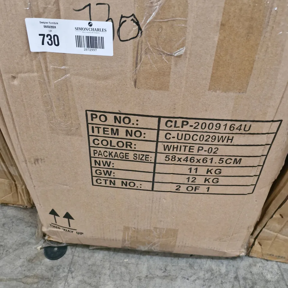 BOXED SET OF 2 DESIGNER WHITE FAUX LEATHER DINING CHAIRS (1 BOX)