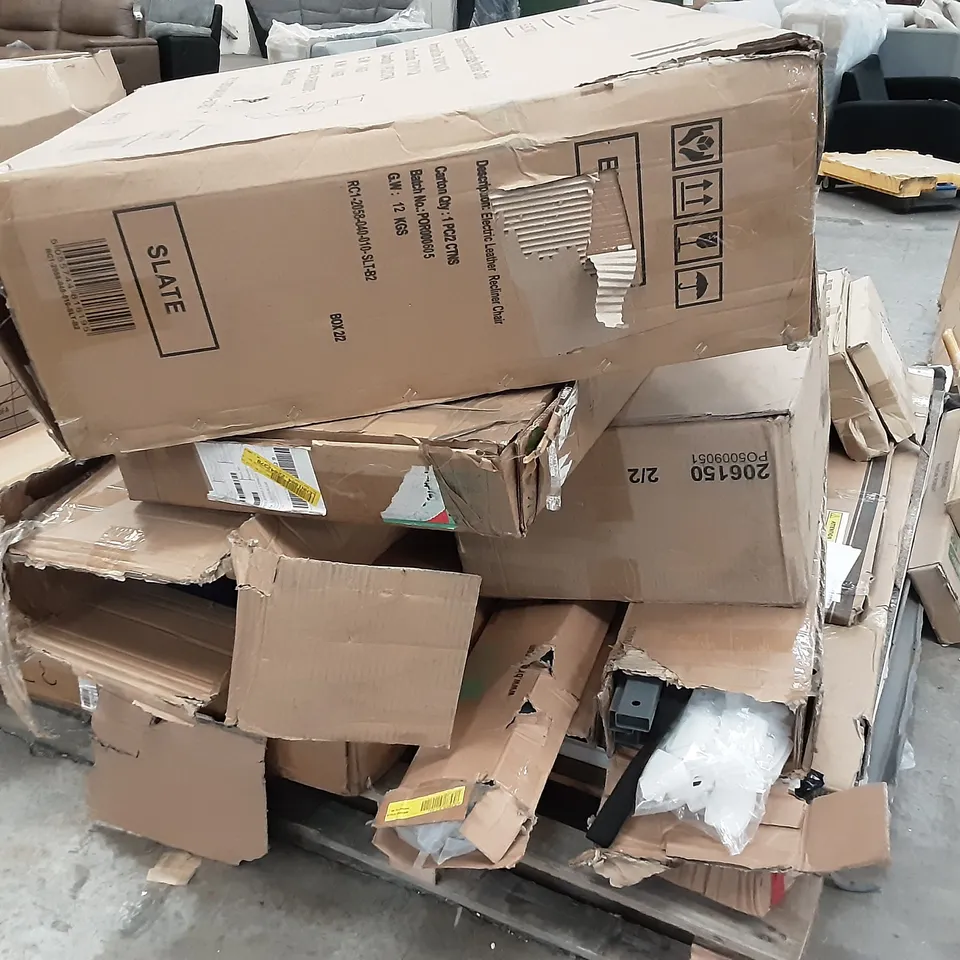 PALLET OF ASSORTED BOXED FURNITURE SUCH AS , ELECTRIC RECLINER   , DINING TABLE AND  BED FRAME 