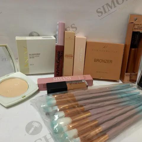 LOT OF APPROX 10 ASSORTED MAKEUP PRODUCTS TO INCLUDE ANEW PRESSED POWDER, E.L.F VOLUMIZING MASCARA, AIRBRUSH CONCEALER, ETC