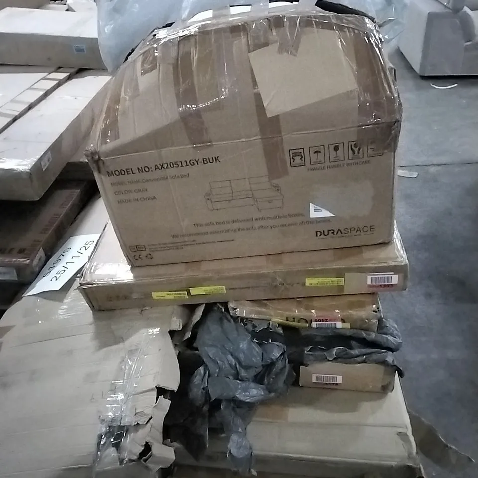 PALLET OF HOUSEHOLD ITEMS TO INCLUDE DINING TABLE, NEST OF TABLE, MEMORY FOAM TOPPER AND ELECTRIC FIRE SUITE ETC...