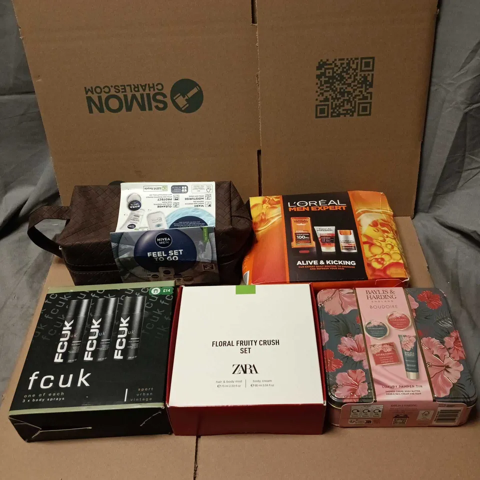 BOX OF APPROXIMATELY 28 ASSORTED COSMETIC ITEMS/BOX SETS TO INCLUDE NIVEA MEN, L'OREAL MEN EXPERT, BAYLIS AND HARDING, ZARA, FCUK ETC