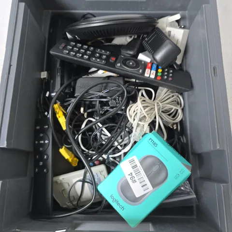 BOX CONTAINING A MIX OF 15 ASSORTED ITEMS INCLUDING REMOTES, MOUSE, ROUTER ETC.
