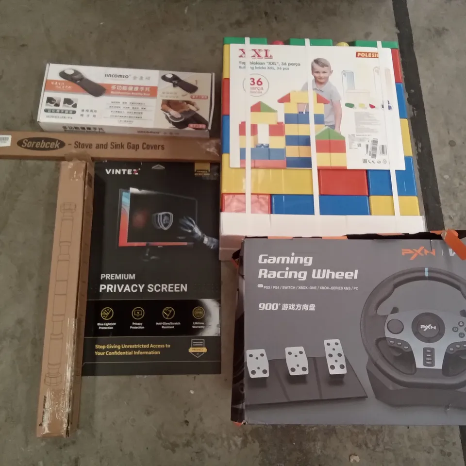 PALLET OF ASSORTED ITEMS INCLUDING SOREBCEK STOVE AND SINK GAP COVERS, PULL UP BAR, MULTIFUNCTION HEALTHY ARM REST, XXL BUILDING BLOCKS, PRIVACY SCREEN, GAMING RACING WHEEL