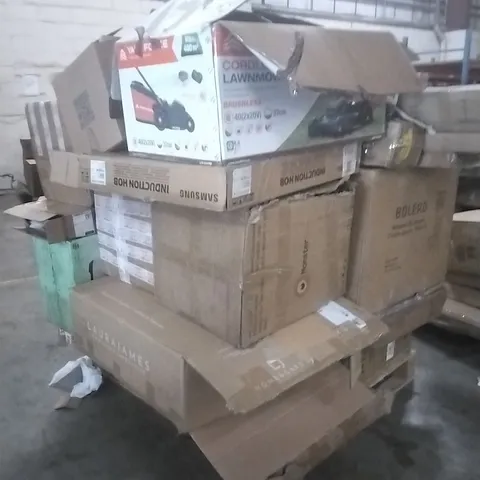 PALLET OF ASSORTED HOUSEHOLD GOODS AND PRODUCTS TO INCLUDE;CHIMNEY COOKER HOOD,DESK,CHAIRS,NINJA KETTLE,SHOES,LAWNMOWER,FLOOR TILES,PARASOL