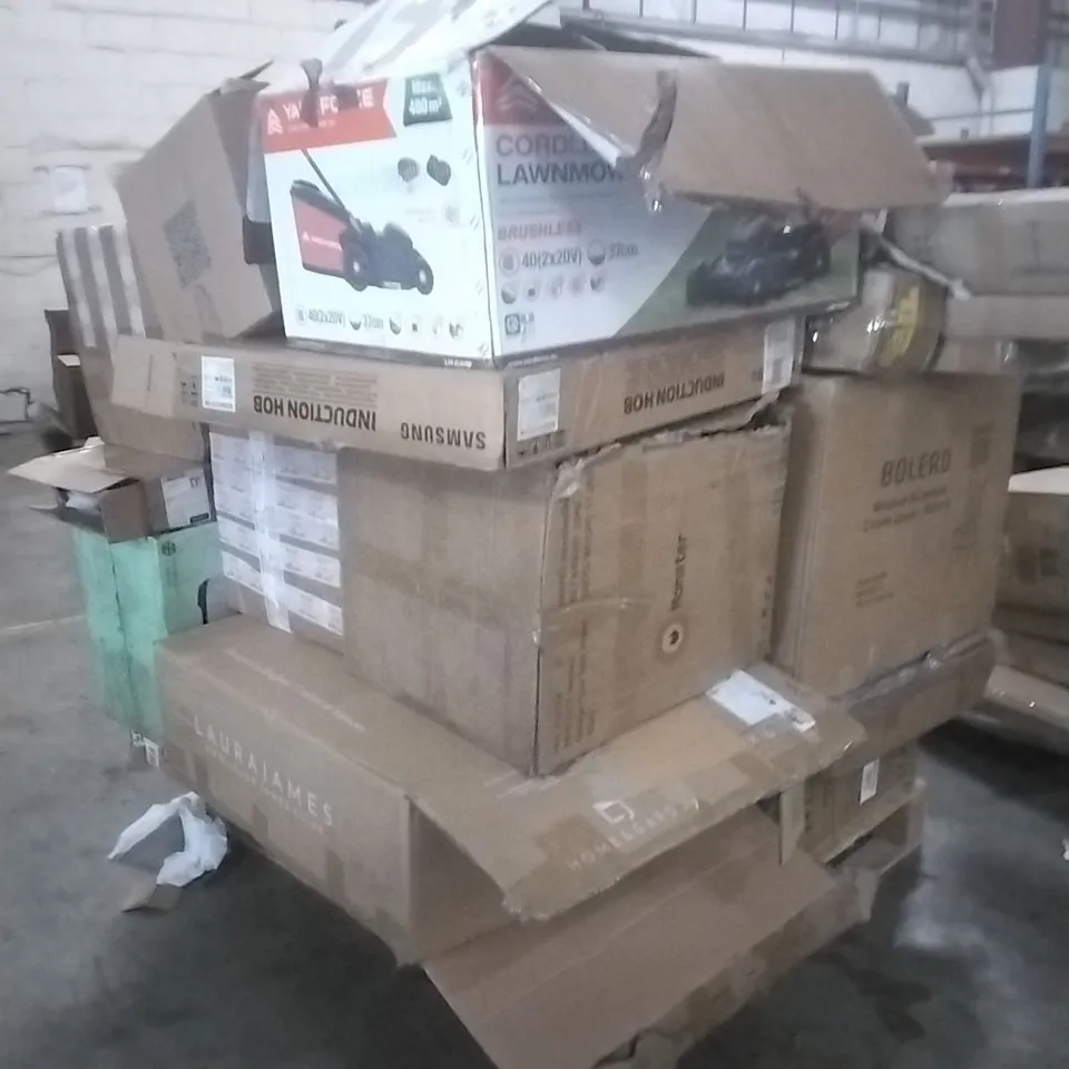 PALLET OF ASSORTED HOUSEHOLD GOODS AND PRODUCTS TO INCLUDE;CHIMNEY COOKER HOOD,DESK,CHAIRS,NINJA KETTLE,SHOES,LAWNMOWER,FLOOR TILES,PARASOL