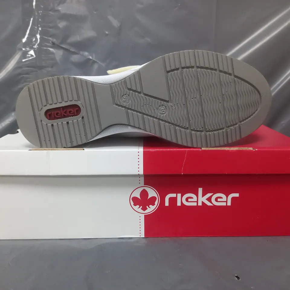 BOXED PAIR OF RIEKER WEDGE TRAINERS IN WHITE SIZE 6