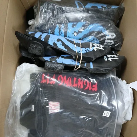 LARGE BOX OF ASSORTED FIGHTING GOODS TO INCLUDE UNIFORM AND PADS ETC.