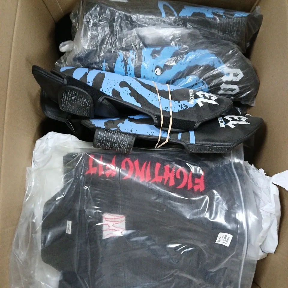 LARGE BOX OF ASSORTED FIGHTING GOODS TO INCLUDE UNIFORM AND PADS ETC.