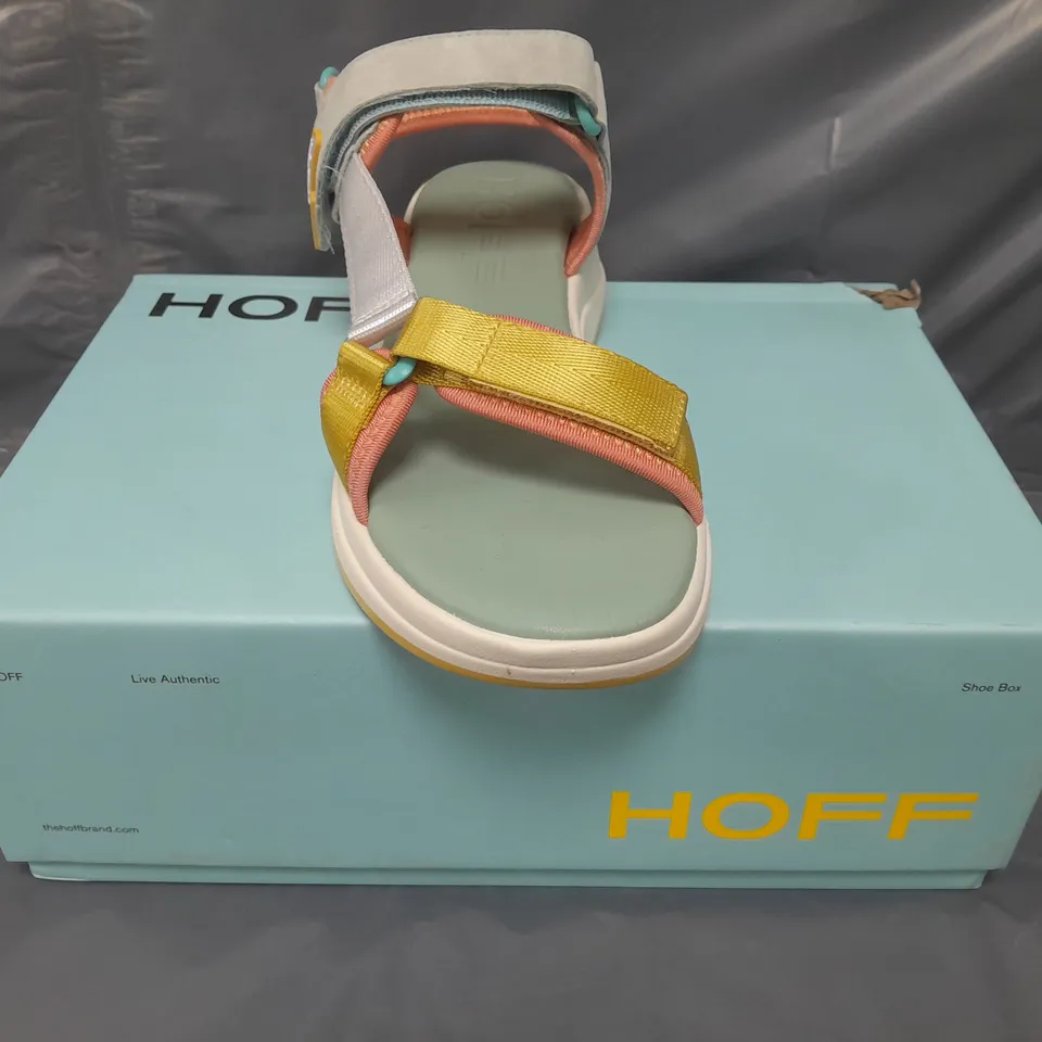 BOXED PAIR OF HOFF OPEN TOE LOW WEDGE SANDALS IN MULTI UK SIZE 6