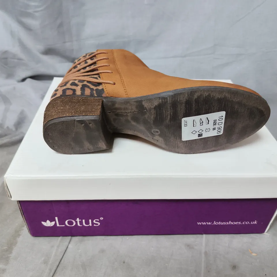 LOTUS WOMEN'S ANKLE BOOT – BROWN LEATHER WITH LEOPARD PRINT BACK PANEL (UK 5 / EU 38)