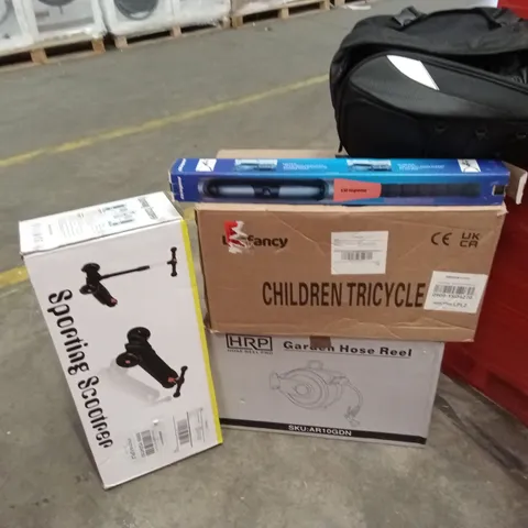 PALLET OF ASSORTED HOUSEHOLD GOODS AND PRODUCTS TO INCLUDE; KIDS SCOOTER AND TRICYCLE, STEERING LOCK, BACKPACK, GARDEN HOSE REEL ETC