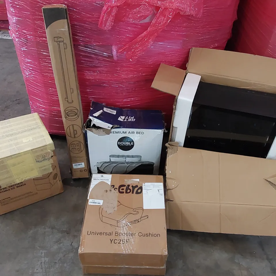 PALLET OF ASSORTED CONSUMER GOODS AND FURNITURE PRODUCTS TO INCLUDE; PC CASE, PREMIUM AIR BED, PORTABLE ICE MAKER, RETRACTABLE SAFETY GATE, BOOSTER CUSHION ECT.