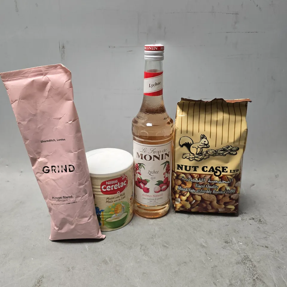 APPROXIMATELY 7 ASSORTED FOOD & DRINK ITEMS TO INCLUDE - NESTLE CERELAC MAIZE WITH MILK , GRIND HOUSE BLEND GROUND , MONIN LYCHEE ETC