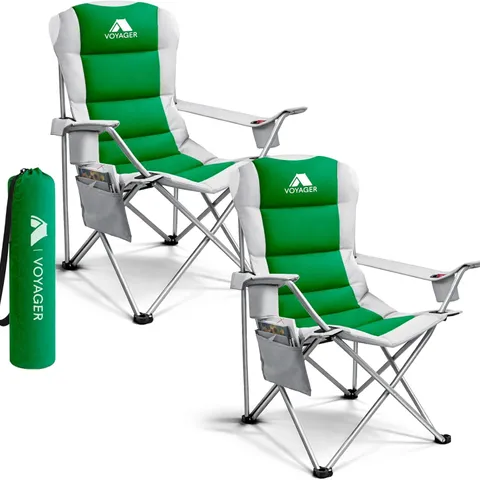 BOXED VOYAGER PADDED CAMPING CHAIRS WITH CUPHOLDER & SIDE POCKET (SET OF 2) - GREEN/GREY (1 BOX)