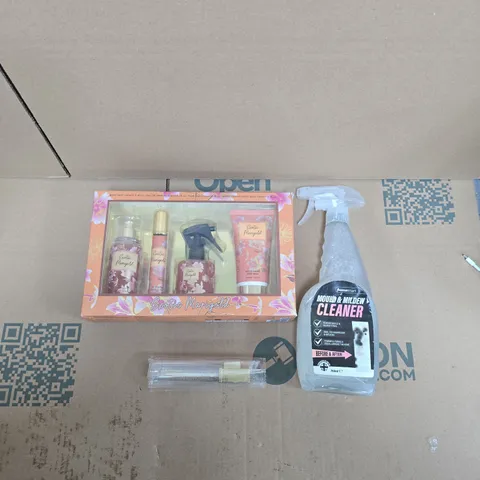 LARGE QUANTITY OF ASSORTED ITEMS TO INCLUDE MOULD CLEANING SPRAY, LADIES FRAGRANCE GIFT SET, THINNING EYE LASH SOLUTION, ETC - COLLECTION ONLY