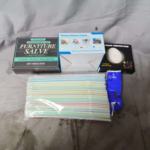 APPROXIMATELY 6 ASSORTED HOUSEHOLD ITEMS TO INCLUDE PLASTIC STRAWS, INDUCTION LAMP AND NETWORK CAMERA