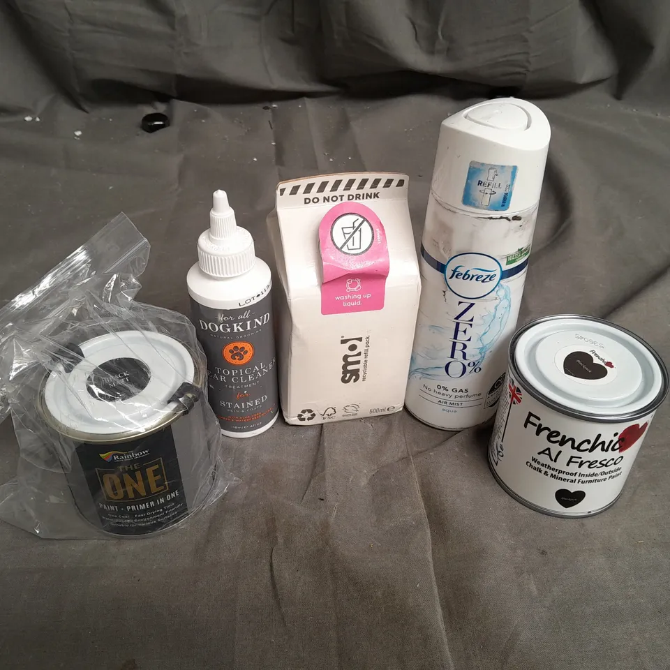 16 ASSORTED HOUSEHOLD ITEMS TO INCLUDE FEBREZE ZERO AIR MIST, RAINBOW PAINT PRIMER, DOG KIND TOPICAL TEAR CLEANER FOR STAINED SKIN & COATS, FRENCHIC CHALK & MINERAL FURNITURE PAINT, SMOL WASHING UP LI