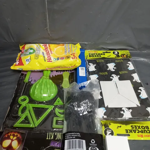 APPROXIMATELY 10 ASSORTED HOUSEHOLD ITEMS TOO INCLUDE HALLOWEEN ACCESSORIES , BLACK PRINTER INK , SURFACE WIPES , ETC
