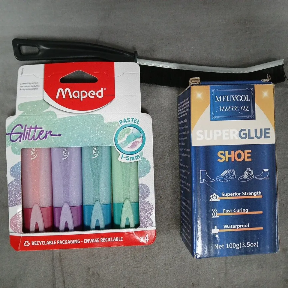 APPROXIMATELY 10 ASSORTED HOUSEHOLD ITEMS TO INCLUDE SHOE SUPER GLUE, GLITTER PENS, ETC