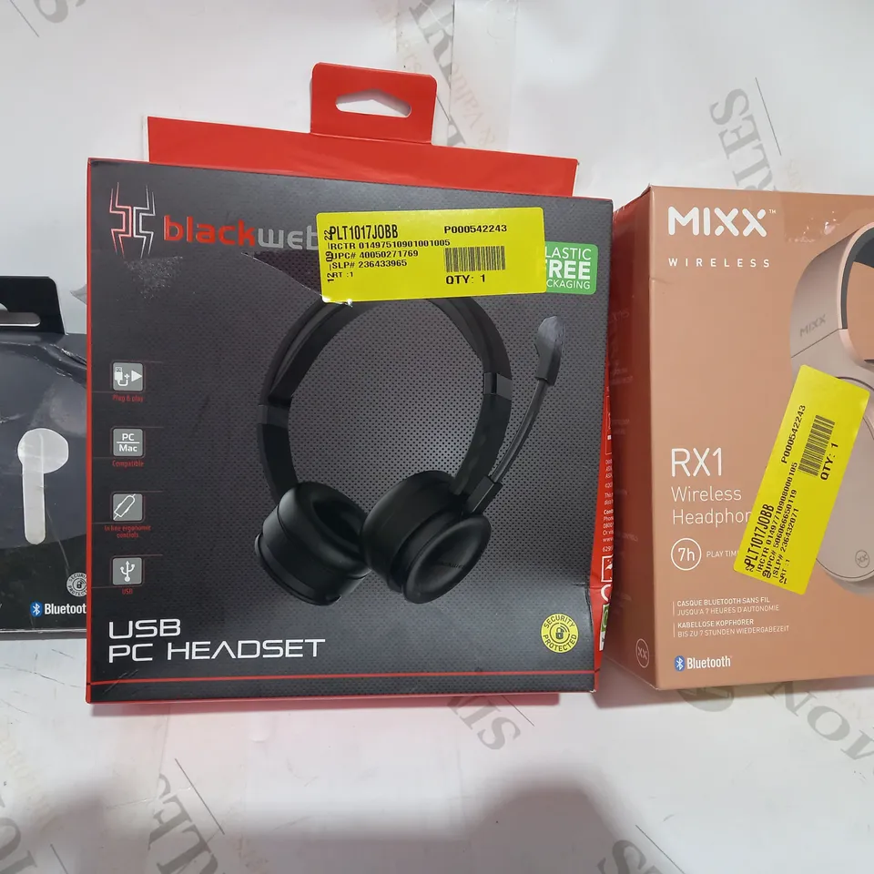 LOT OF APPROXIMATELY 20 ASSORTED HOUSEHOLD ITEMS TO INCLUDE ASDA TECH TRUE WIRELESS EARBUDS, BLACKWEB USB PC HEADSET, MIXX RX1 WIRELESS HEADPHONES, ETC