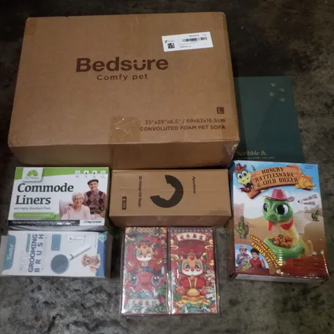 PALLET OF 6 BOXES CONTAINING ASSORTED PRODUCTS INCLUDING FOAM PET SOFA, 2025 WEEKLY DIARY, CHINESE RED ENVELOPES, 3D PRINTER UV RESIN, COMMODE LINERS & PET GROOMING BRUSH 