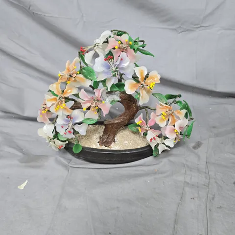 ARTIFICIAL FLOWERING BONSAI TREE IN BLACK PLANTER WITH MULTICOLOURED BLOSSOMS