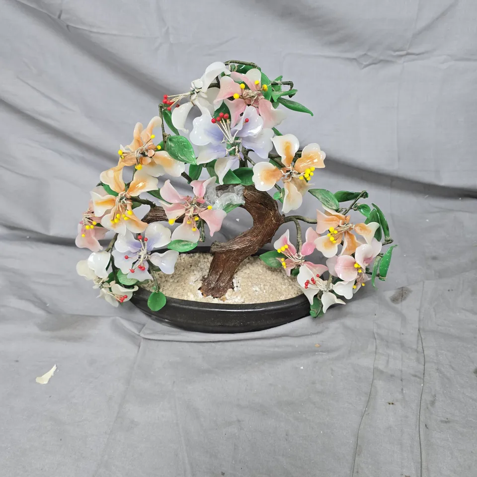 ARTIFICIAL FLOWERING BONSAI TREE IN BLACK PLANTER WITH MULTICOLOURED BLOSSOMS
