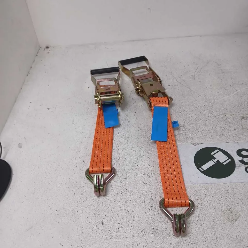 TWO ORANGE RATCHET TIE-DOWN STRAPS WITH METAL HOOKS