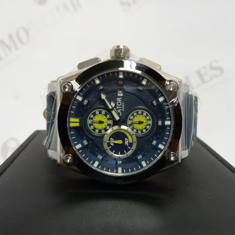 LATOR CALIBRE BLUE & YELLOW DIAL SUEDE LEATHER STRAP WATCH RRP £635