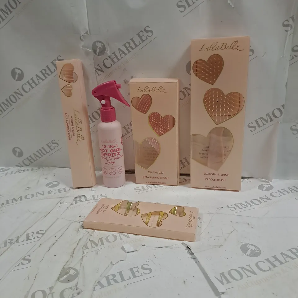 BOX OF LULLA BELLZ PRODUCTS TO INCLUDE BACK BRUSH, PADDLE BRUSH, HAIR SPRAY ETC