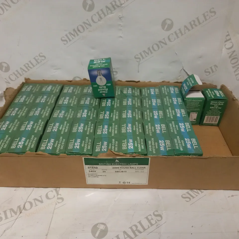 LOT TO CONTAIN APPROXIMATELY 43 BELL 25W 45MM ROUND CLEAR SBC/B15D LIGHT BULBS