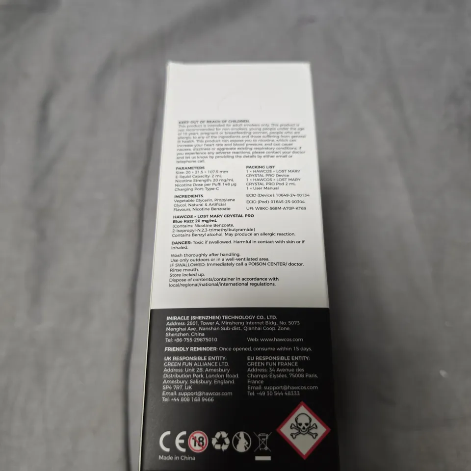 HAWCOS X LOST MARY CRYSTAL PRO BLUE RAZZ VAPE KIT – BOXED, 20MG/ML, 10-PACK