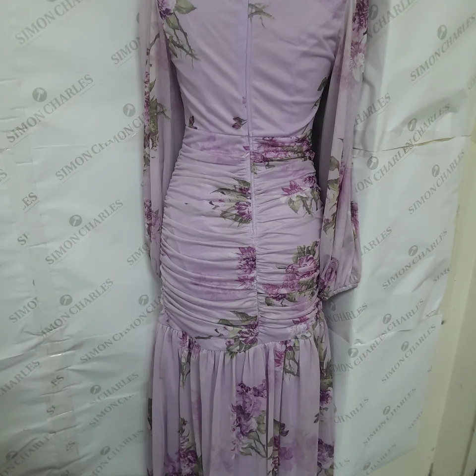 RUCHED MESH DRESS IN PURPLE FLORAL SIZE S