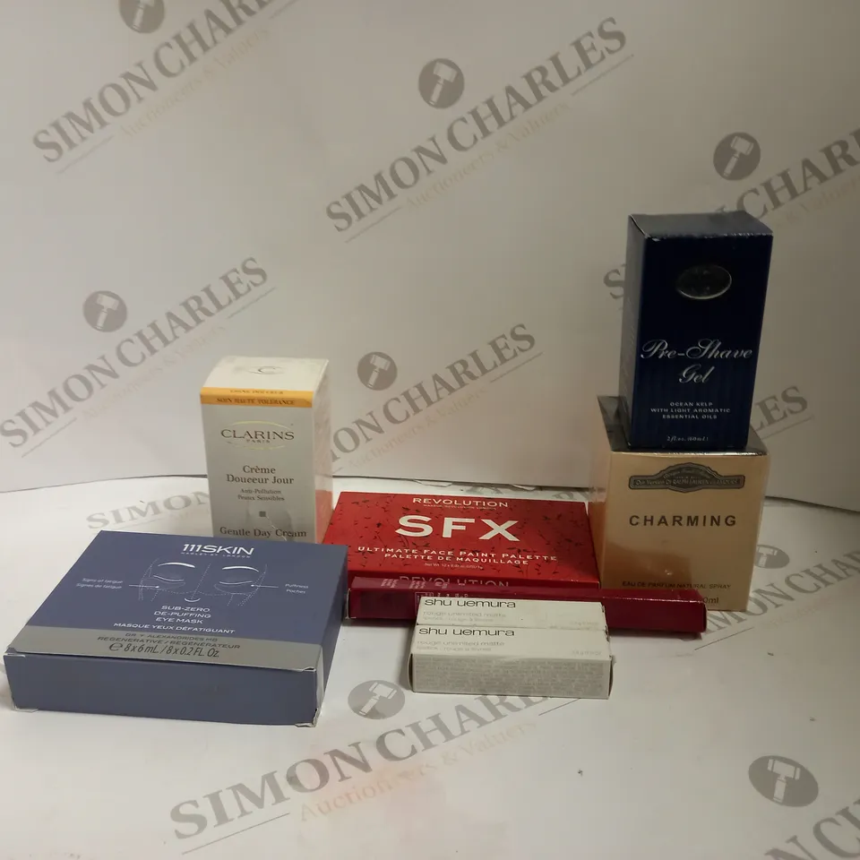 BOX OF APPROX 10 ASSORTED BEAUTY ITEMS TO INCLUDE CLARINS, REVOLUTION AND CHARMING