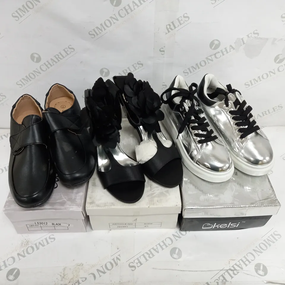 APPROXIMATELY 7 BOXED PAIR OF SHOES TO INCLUDE KELSI TRAINERS SIZE 4, CUSHION LIT FASTEN BLACK SHOES SIZE 7, BLACK HEELED SANDALS SIZE 7 
