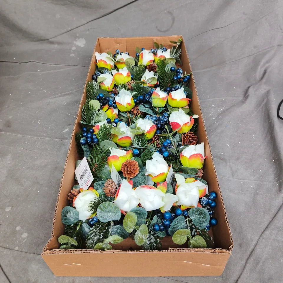 APPROXIMATELY 22 GISELA GRAHAM FROSTED FLOWER WITH BERRY AND LEAF DECORATIONS