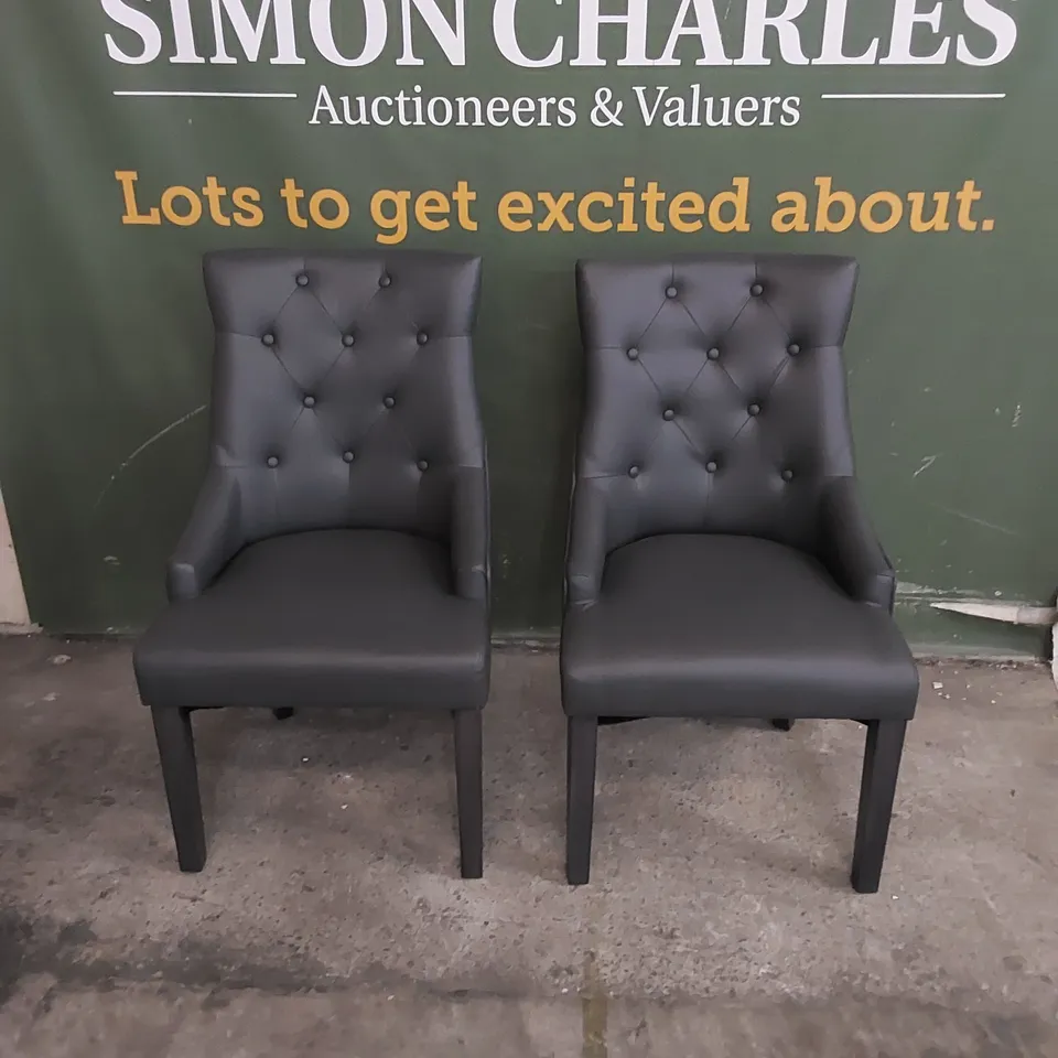 SET OF 2 BEWLEY GREY LEATHER BUTTON BACK DINING CHAIRS 