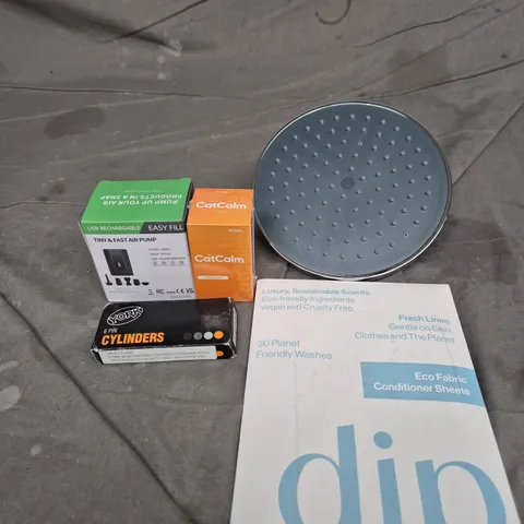 APPROXIMATELY 15 ASSORTED HOUSEHOLD ITEMS TO INCLUDE REPLACEMENT SHOWER HEAD, DIP LAUNDRY SHEETS AND TINY & FAST AIR PUMP