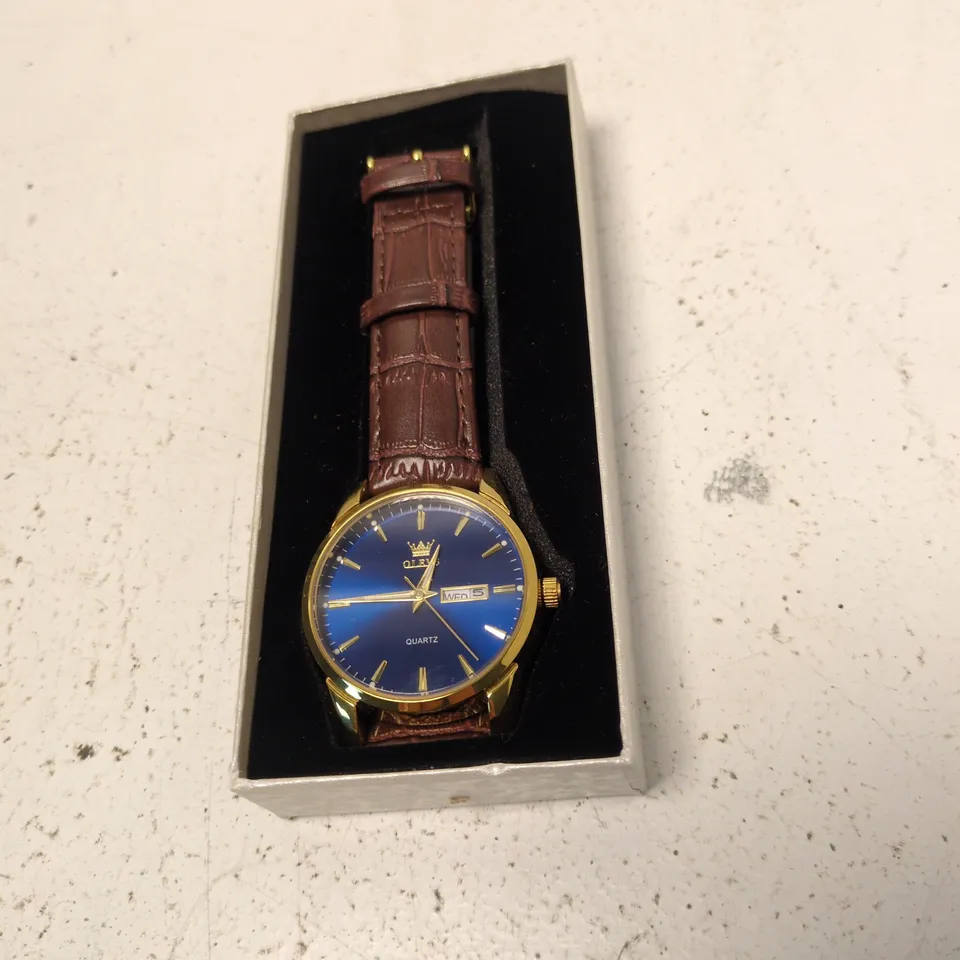 OLEVS Quartz wristwatch – blue dial, gold-tone case, brown leather strap