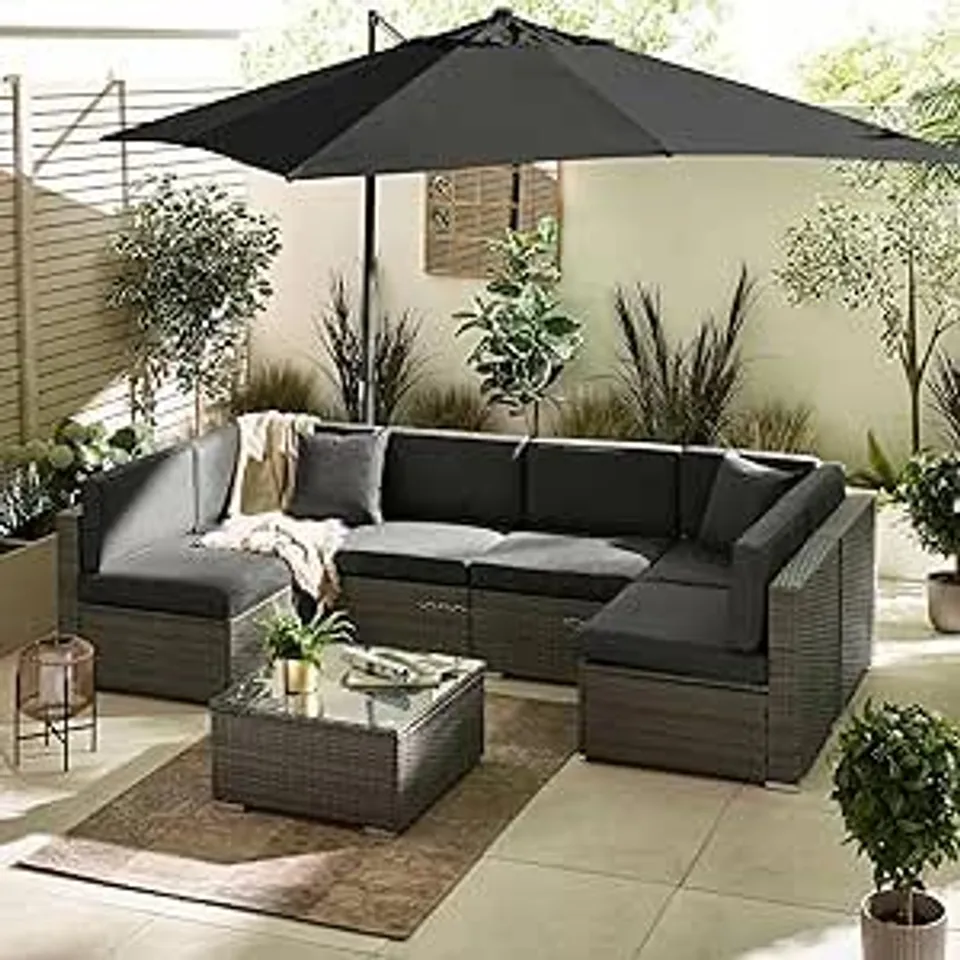 BOXED FURNITUREBOX UK RATTAN GARDEN FURNITURE - ORLANDO OUTDOOR FURNITURE SOFA SET - MODERN & ELEGANT 6 SEATER GARDEN PATIO TABLE, CUSHIONS AND CHAIRS - COVER INCLUDED (STONE GREY