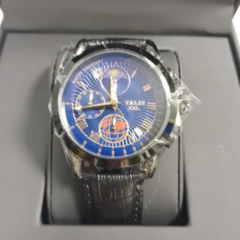 MENS TALIS CO BLACK CHRONOGRAPH WATCH WITH MOON PHASE MOVEMENT AND LEATHER STRAP IN GIFT BOX