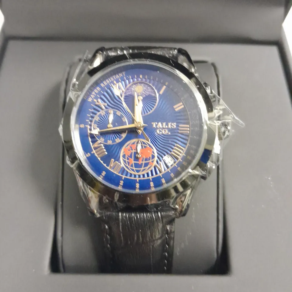 MENS TALIS CO BLACK CHRONOGRAPH WATCH WITH MOON PHASE MOVEMENT AND LEATHER STRAP IN GIFT BOX