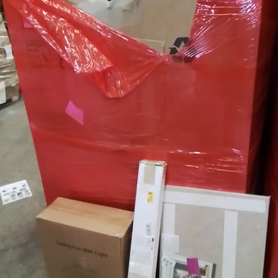 PALLET OF ASSORTED HOUSEHOLD GOODS AND PRODUCTS TO INCLUDE;CEILING FAN WITH LIGHT,LED LIGHT,BULLETIN BOARD